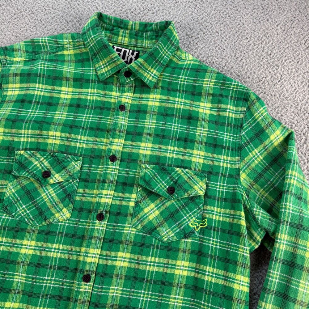 Fox Racing Plaid Button Down Shirt Mens XL Lime Green Long Sleeve Moto Pocket